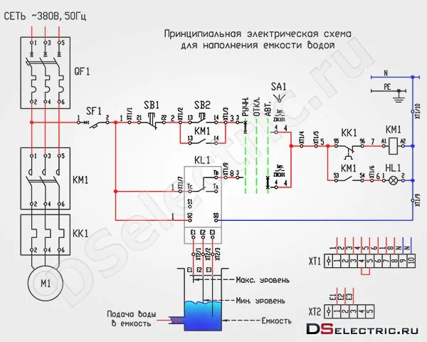 Принципиальная схема подключения насоса Реле контроля уровня воды HeatProf.ru