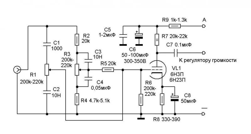 Принципиальная схема предварительного усилителя Ламповый темброблок-предусилитель на двойном триоде 6Н2П-ЕВ (набор для сборки) М