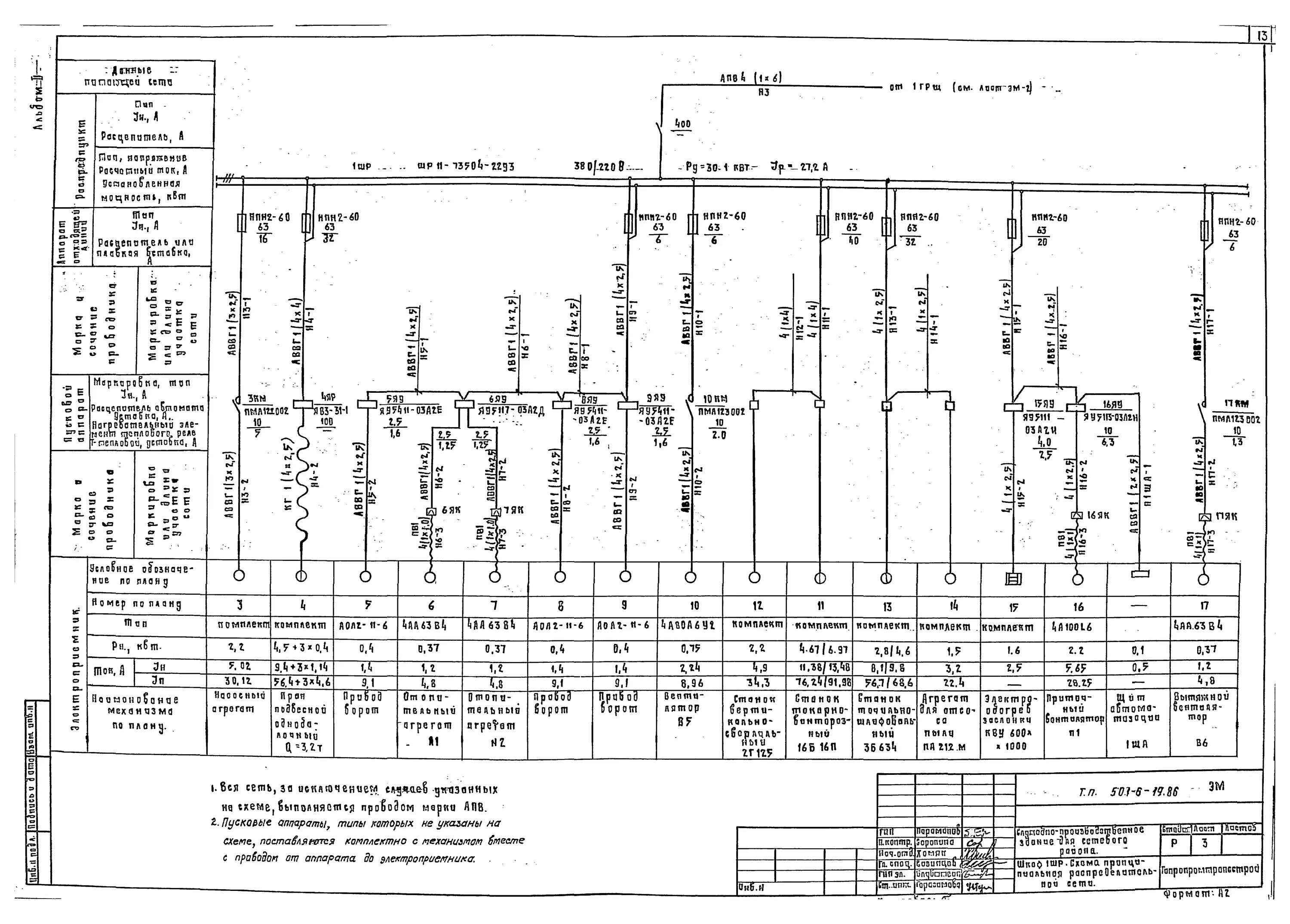 Принципиальная схема распределительной сети Скачать Типовой проект 501-6-19.86 Альбом II. Технологические решения. Электроте