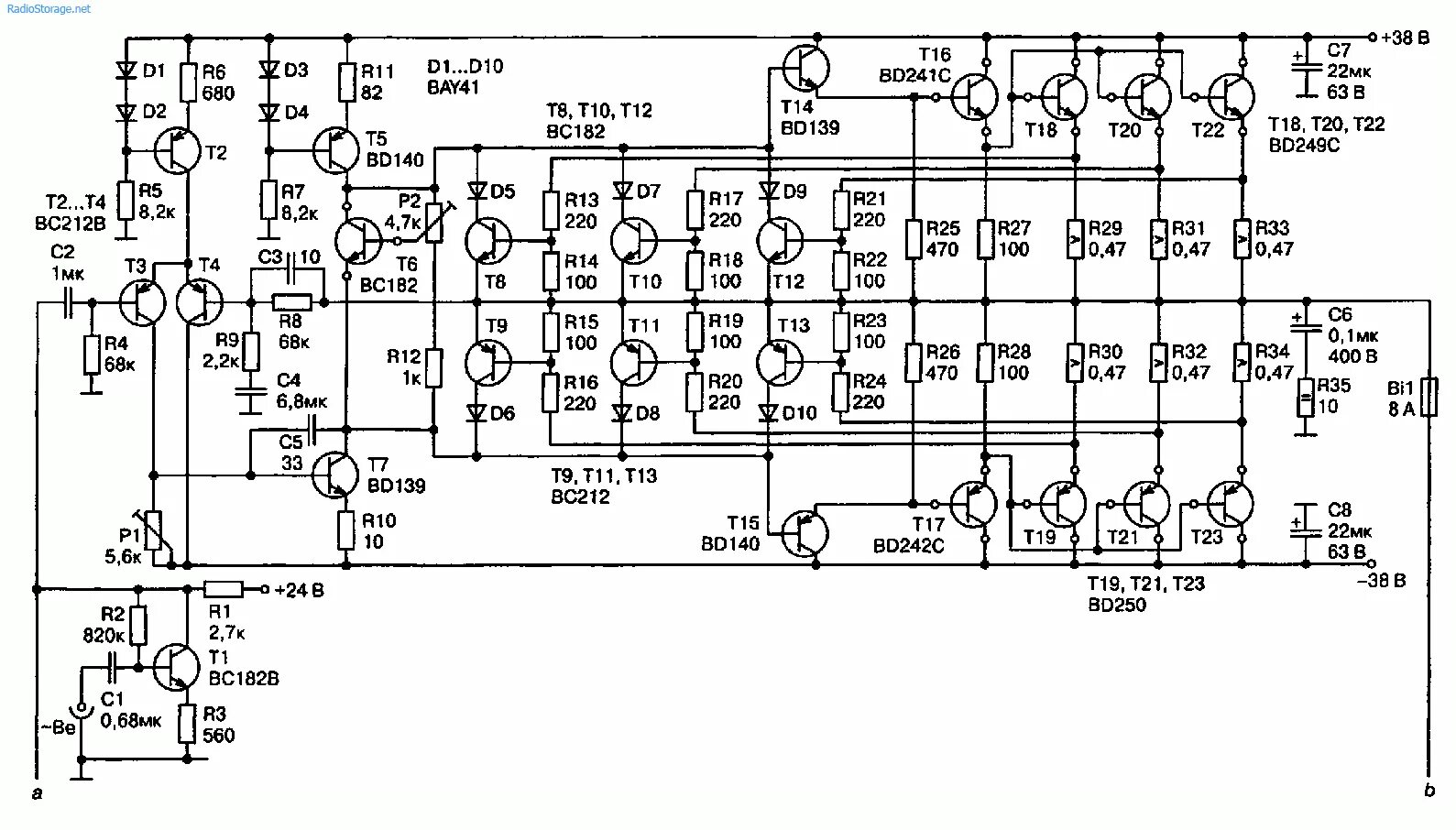 Принципиальная схема усилителя мощности Мостовой 240-ваттный эстрадный УНЧ
