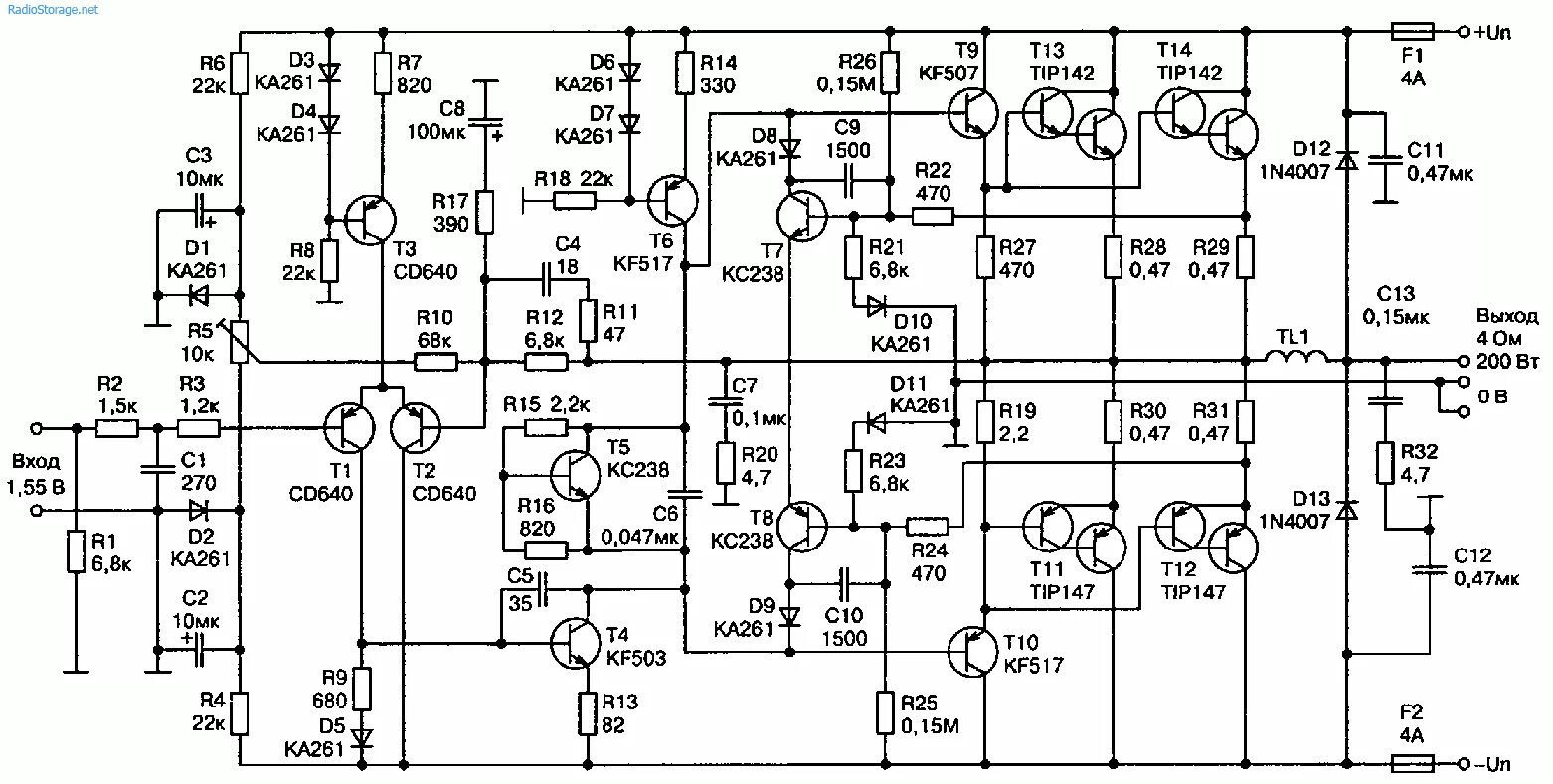 Принципиальная схема усилителя мощности Эстрадные УМЗЧ высокой мощности (300 и 550 Вт)
