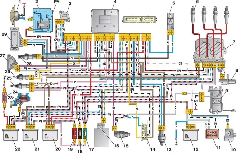 Принципиальная схема ваз 2107 Схема электрических соединений ЭСУД GM, ВАЗ-2107 с центральным впрыском топлива 