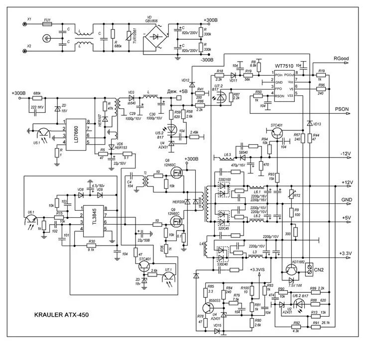 Принципиальные электрические схемы блоков питания компьютеров Интересный БП ATX. Схемотехника, Принципиальная схема, Электронная схема
