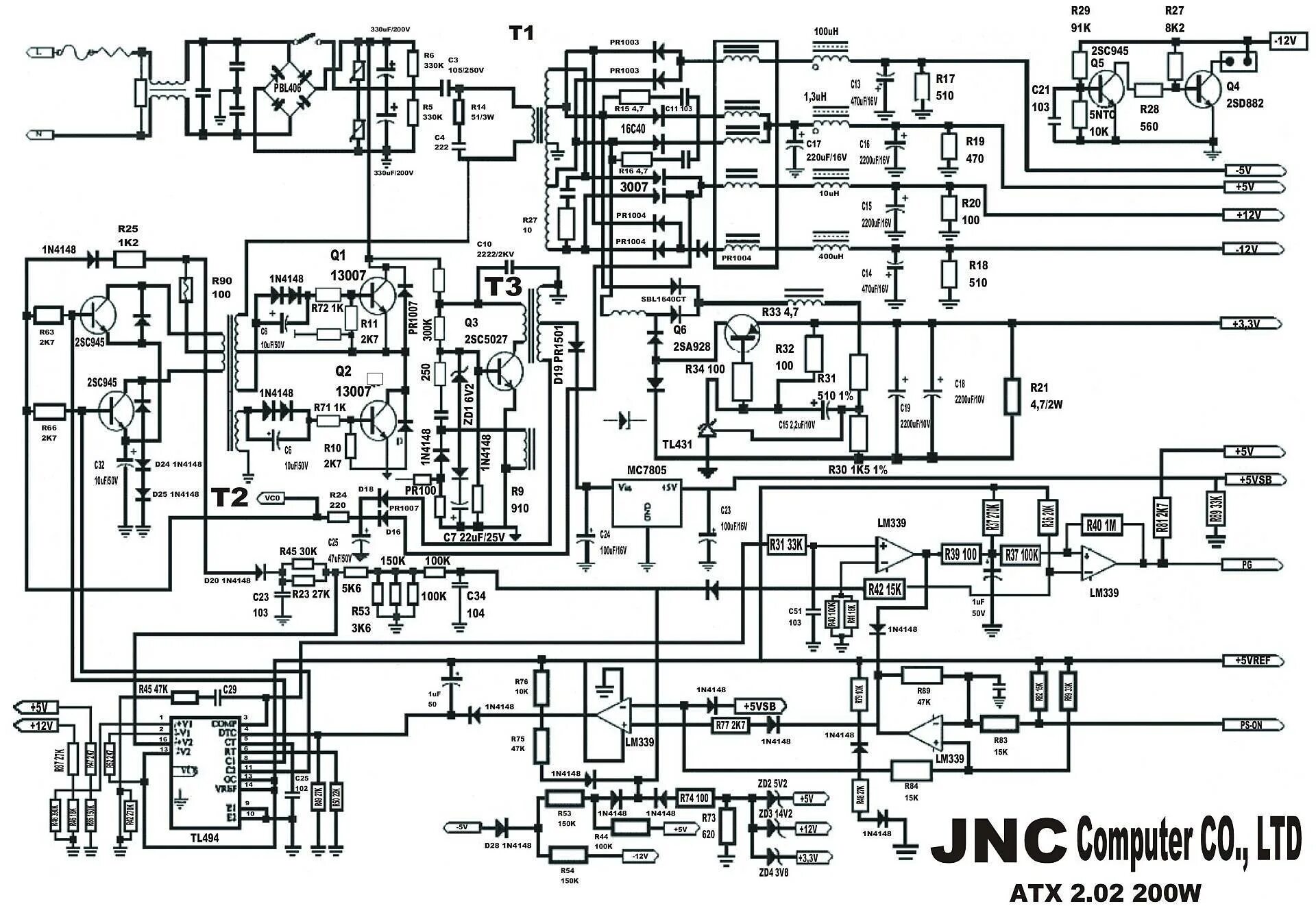 Принципиальные электрические схемы блоков питания компьютеров Радиолюбительский Портал - ATX JNC 200W