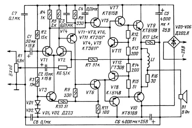 Принципиальные электрические схемы на транзисторах Ответы Mail.ru: Какой усилитель подобрать к динамикам НЧ-СЧ 20 ватт 8Ом и ВЧ 50 
