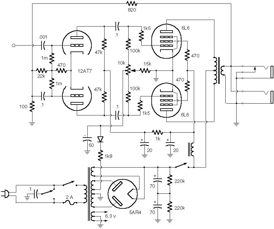 Принципиальные схемы ламповых усилителей Fender - Silverface Power Amp (50W)