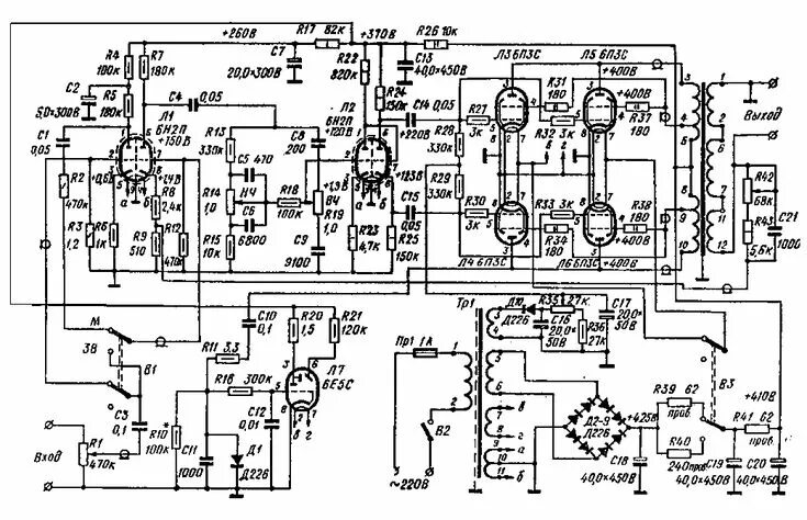 Принципиальные схемы ламповых усилителей Ламповый усилитель на 6Н2П, 6П3С, 6Е5С (30-60Вт) Усилитель, Электронная лампа, С