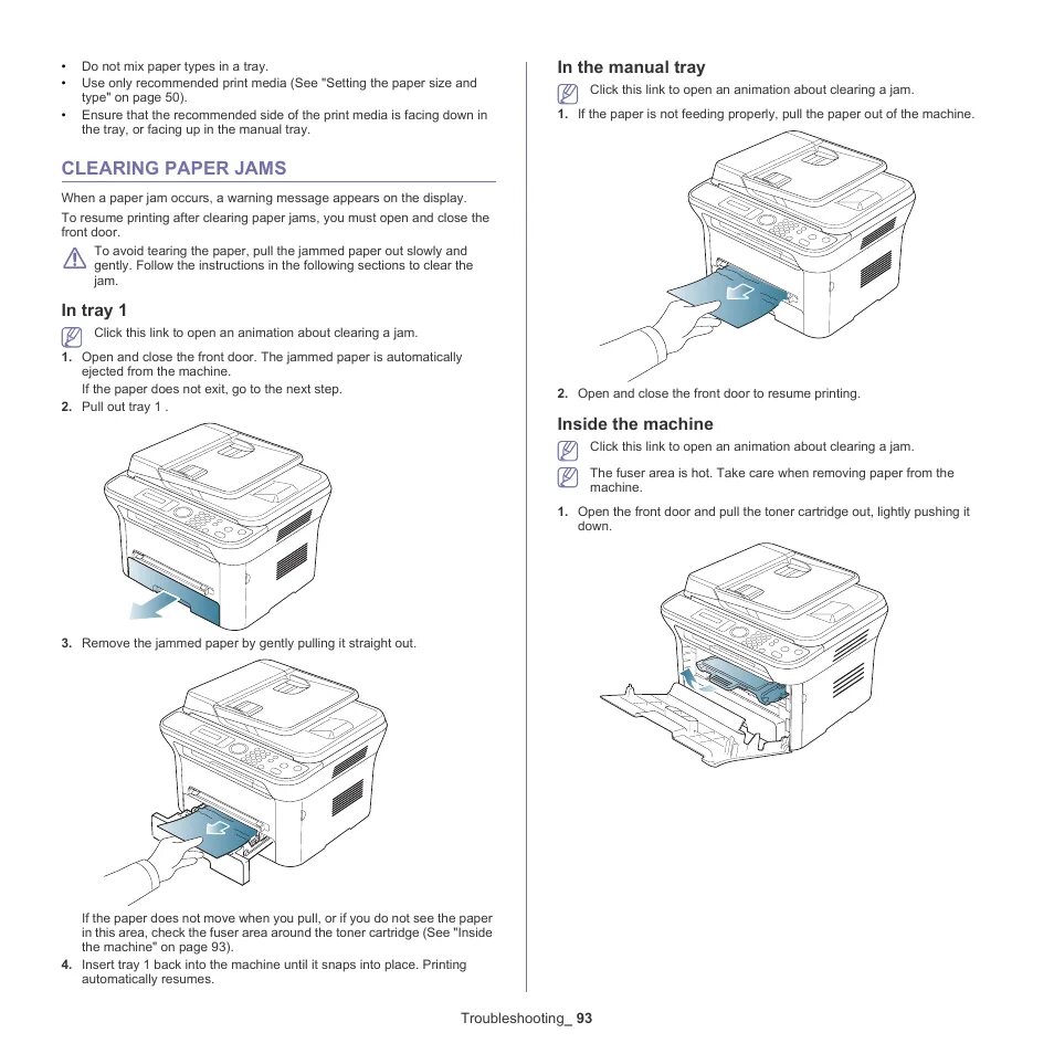 Принтер samsung scx 4220 как подключить Clearing paper jams, 93 clearing paper jams, In tray 1 Samsung SCX-4600 Series U