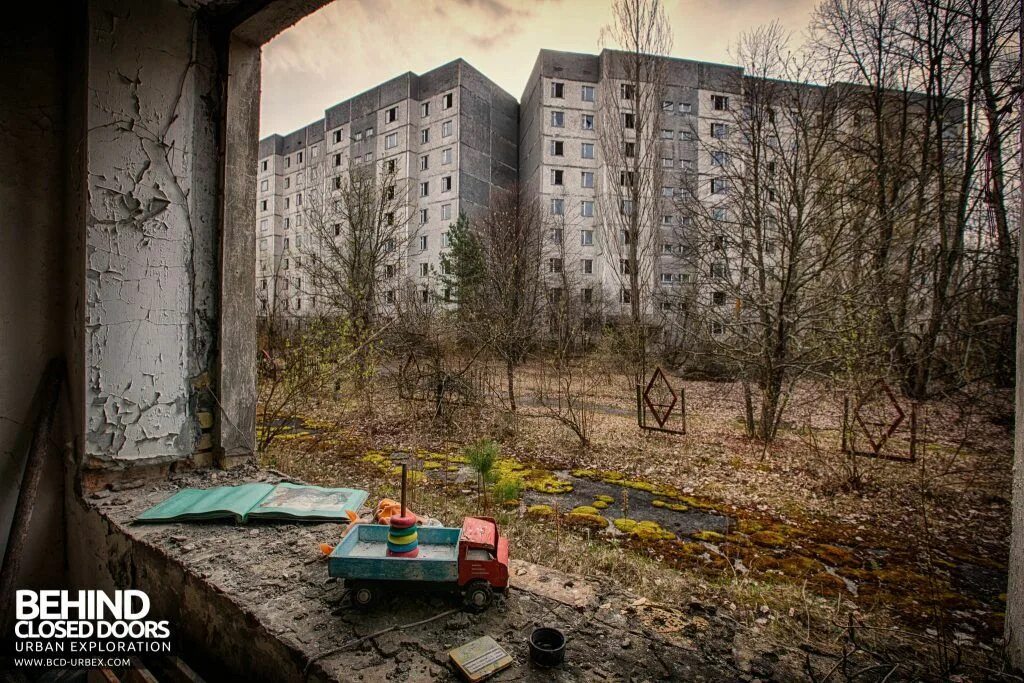 Припять город сегодня фото Pripyat Schools and Nurseries - Toy in window with tower blocks behind Abandoned