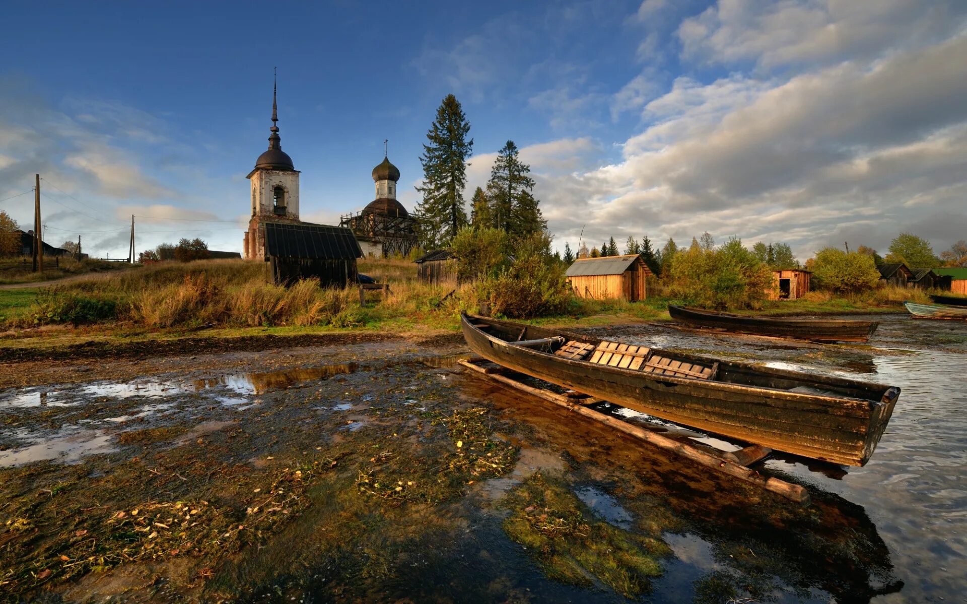 Природа архангельской области фото Скачать обои озеро, лодки, храм, посёлок, Архангельская область, Лёкшмозеро, раз