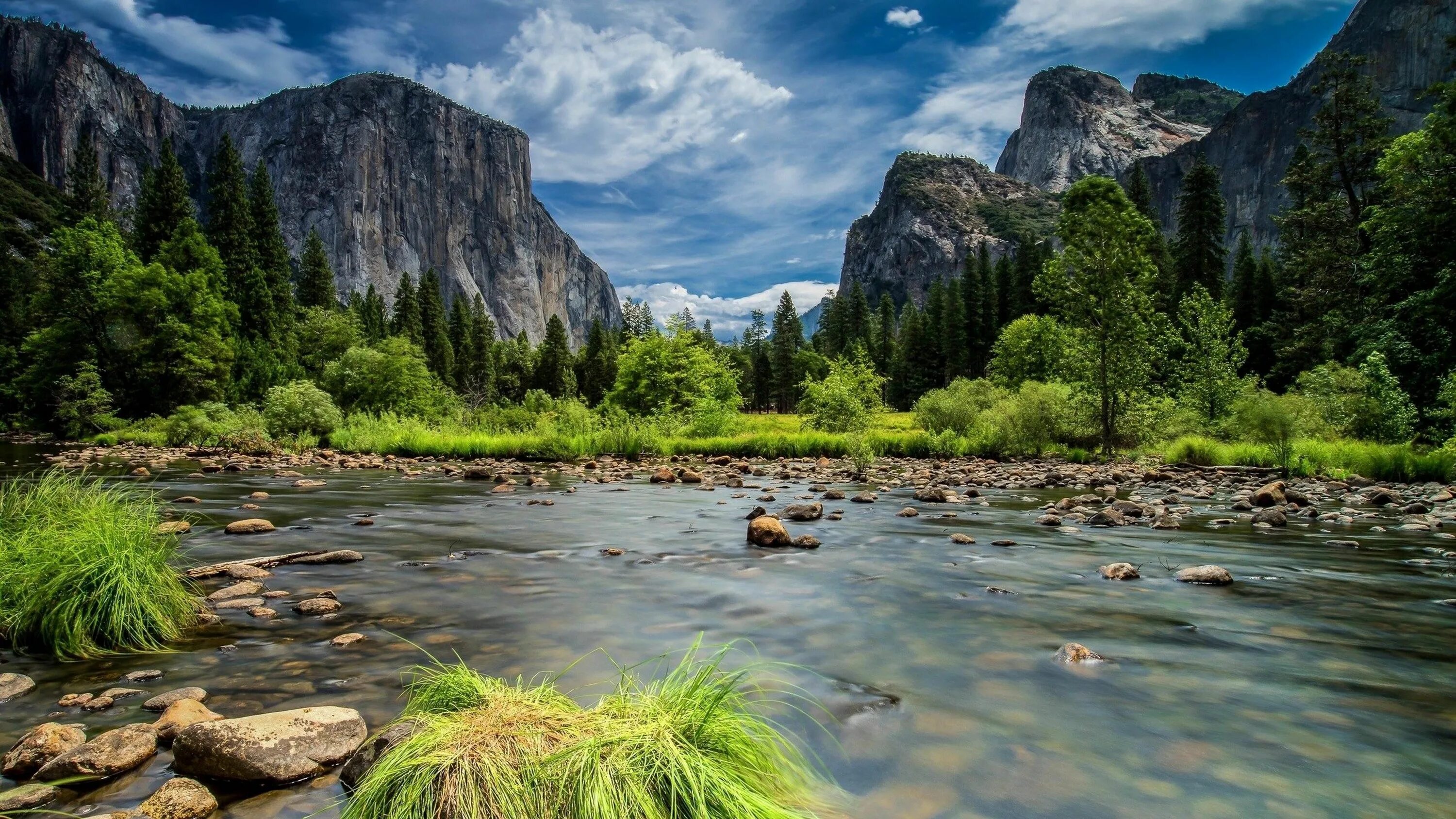 Природа бесплатные фото #sky #cloud #trees #pine #grass #cliff #river #rocks #riverbed national park #ca