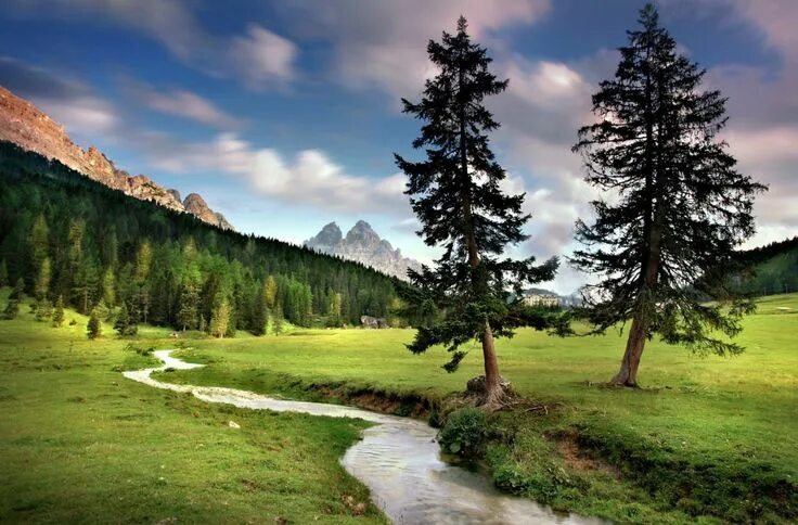 Природа фото 4 к Stream in Lush Green Field with Mountains - HD Wallpaper