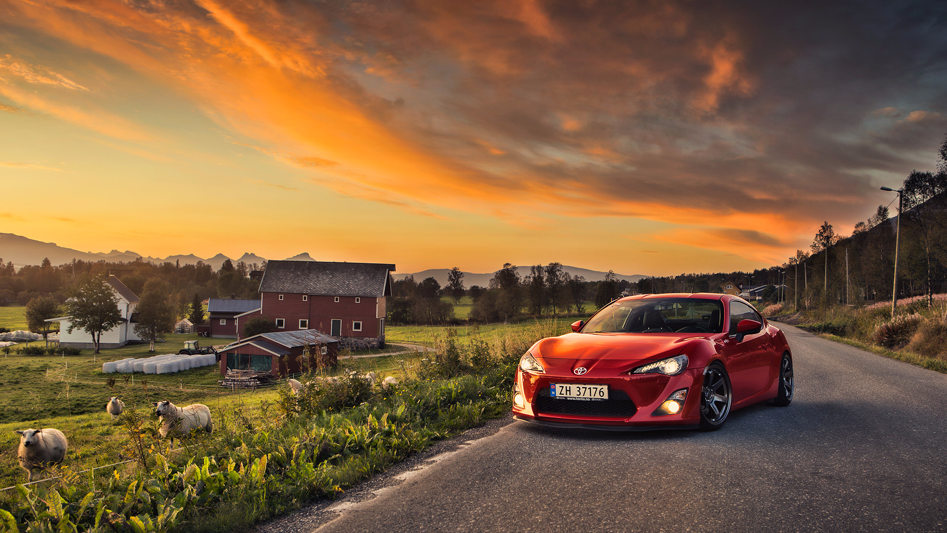 Природа фото авто Red Toyota GT86 on a rural highway Desktop wallpapers 1280x1024