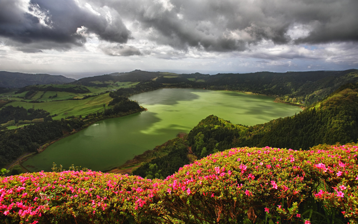 Природа португалии фото Download wallpapers Sete Cidades, lake, summer, hills, Azores, Portugal for desk