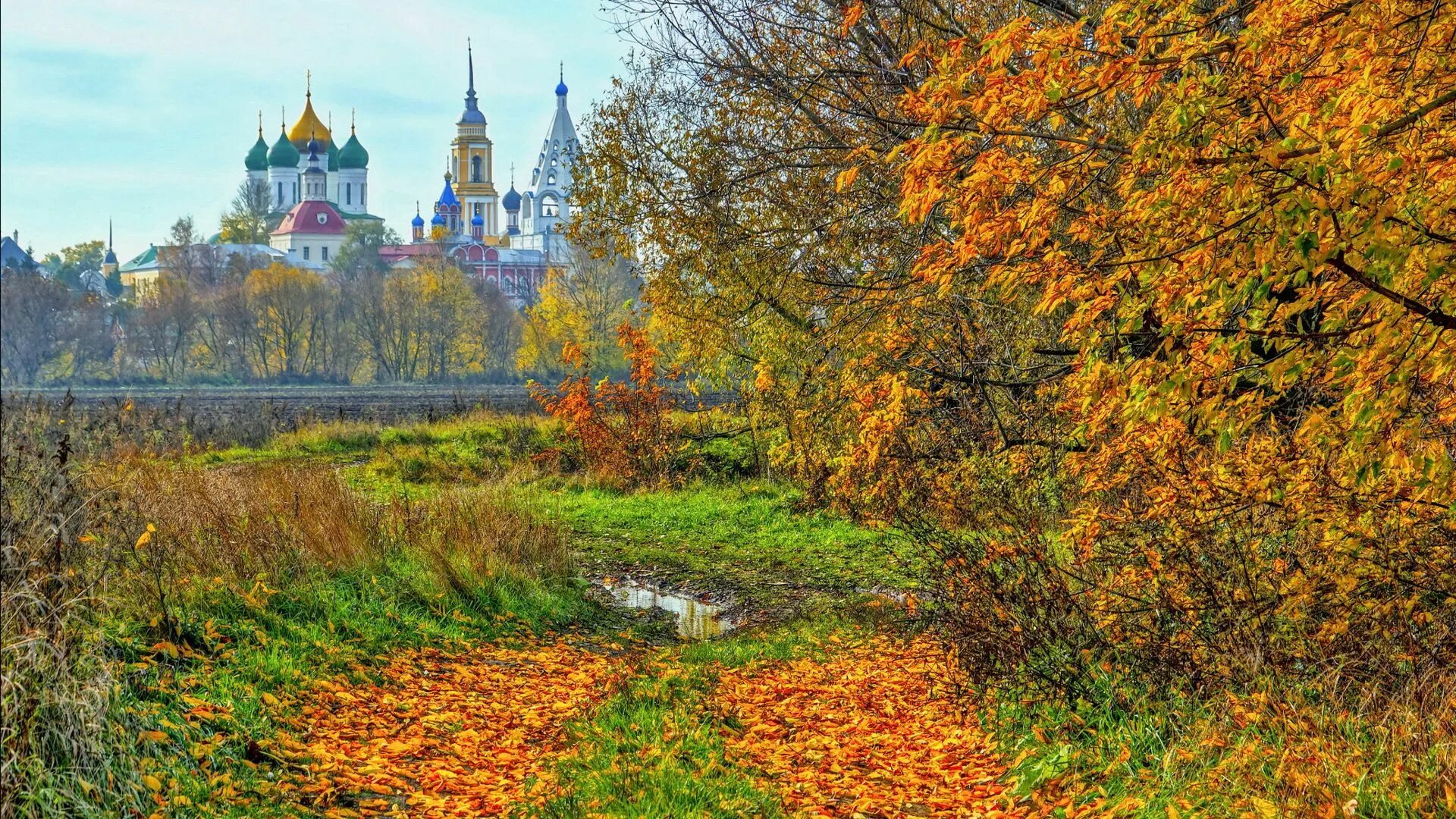 Природа россии осенью фото Download wallpaper 1920x1080 kolomna, russia, autumn, temple, trees full hd, hdt