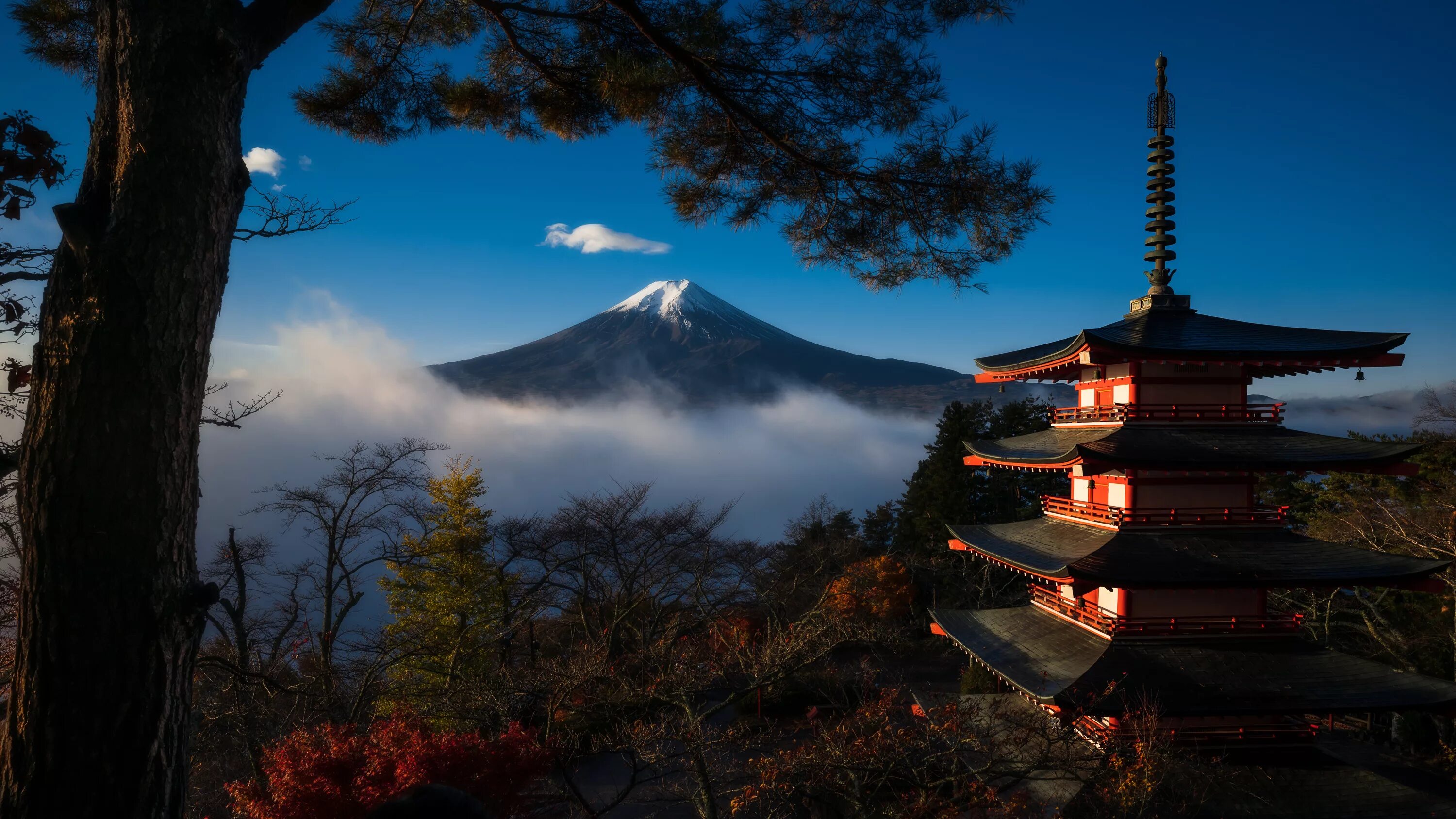 Природа японии фото Wallpaper : nature, landscape, Japan, pagoda, mountains, Mount Fuji, trees 3000x