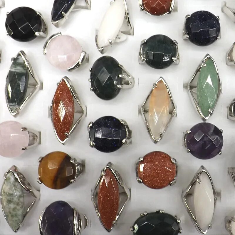 Природные камни для украшений название фото 50pcs/Lot Faceted Natural Stone Rings Big Semi-precious Stone Rings Mixed Lot - 