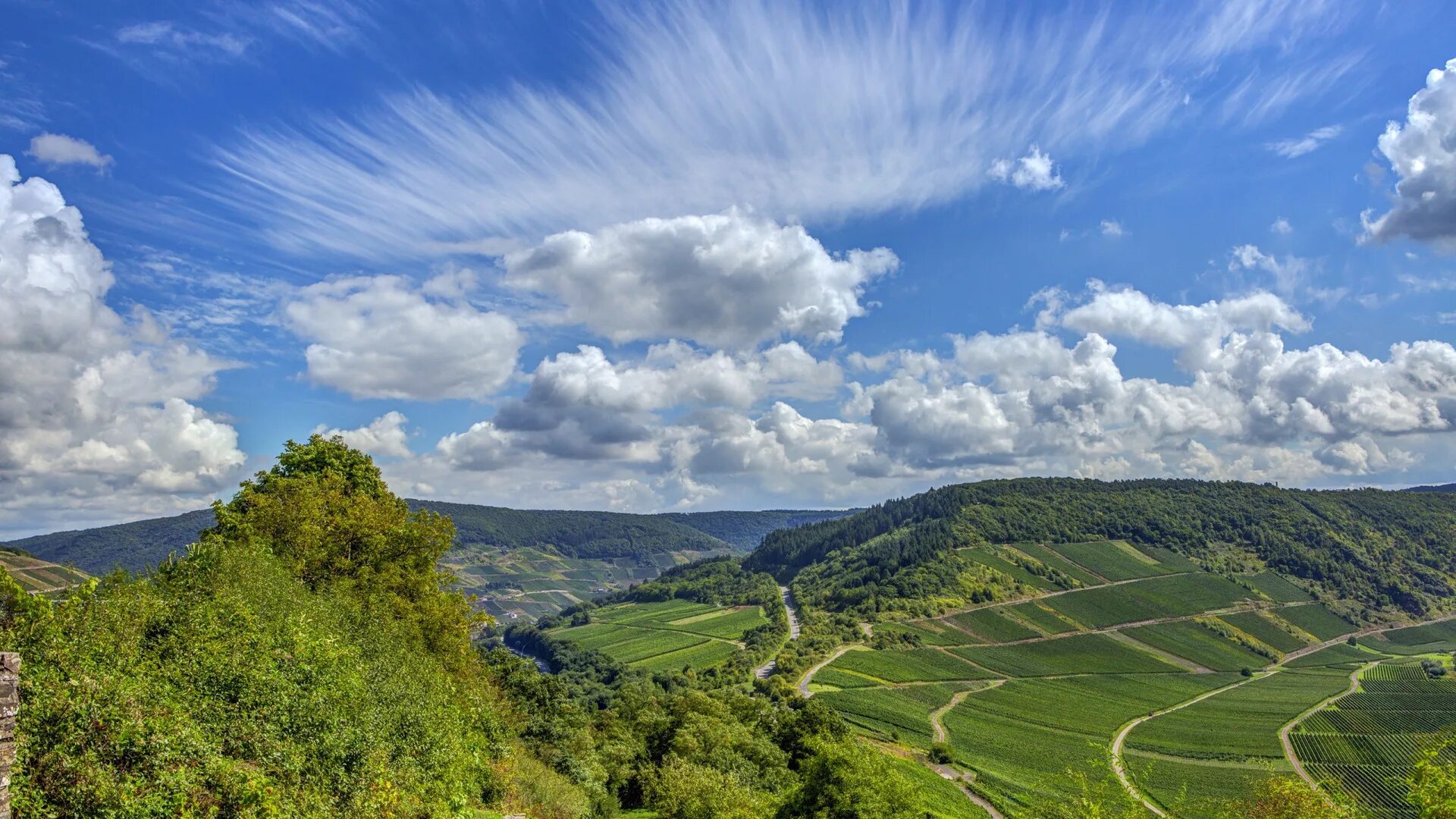 Природные условия фото Download wallpaper road, the sky, clouds, trees, hills, field, Germany, section 