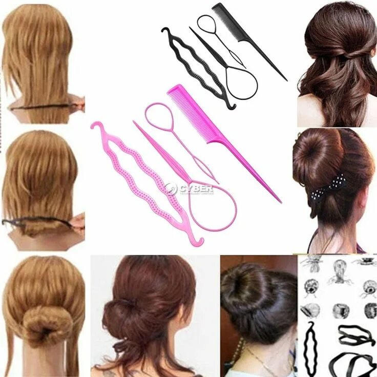 Приспособление для причесок на длинных волосах $1.05 - 4Pcs Set Styling Clip Bun Maker Hair Twist Braid Ponytail Tool Accessori