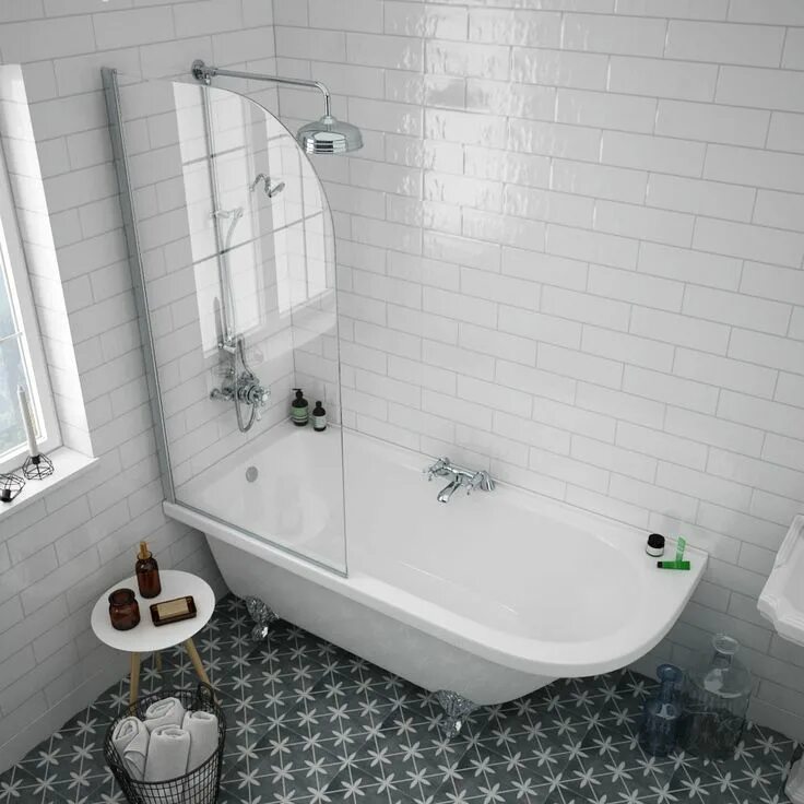 Пристенная ванна в интерьере Appleby 1700 Roll Top Shower Bath with Screen + Chrome Leg Set Victorian Plumbin