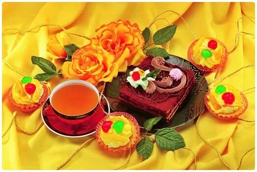 Приятная открытка фото Jigsaw Puzzle 294 pieces Tea with Cakes, Tarts and Flowers Jigidi