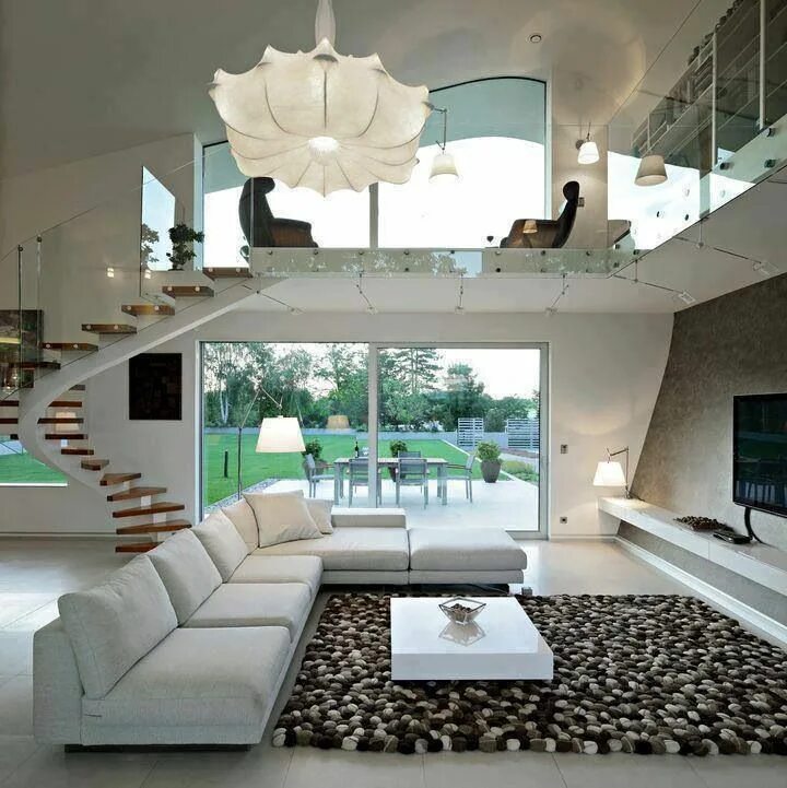 Про дом дизайн Tolles wohnen! white color mix black big living room big windows high ceiling ho