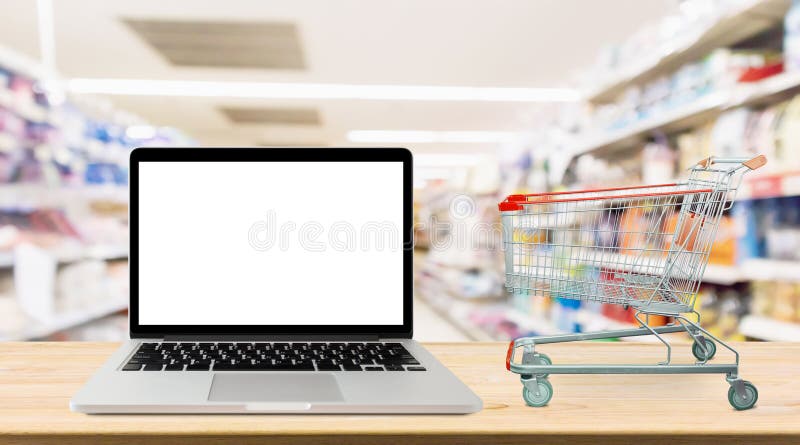 Про фото интернет магазин Laptop Computer on Wood Table with Supermarket Stock Image - Image of grocery, f