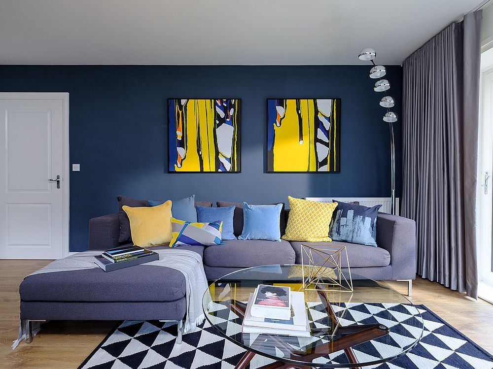 Про цвет в интерьере Contemporary living room in blue with pops of yellow Yellow living room, Blue an