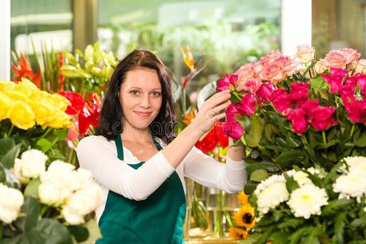 Продавец цветов фото Happy young woman arranging flowers florist shop. Colorful roses , #ad, #woman, 