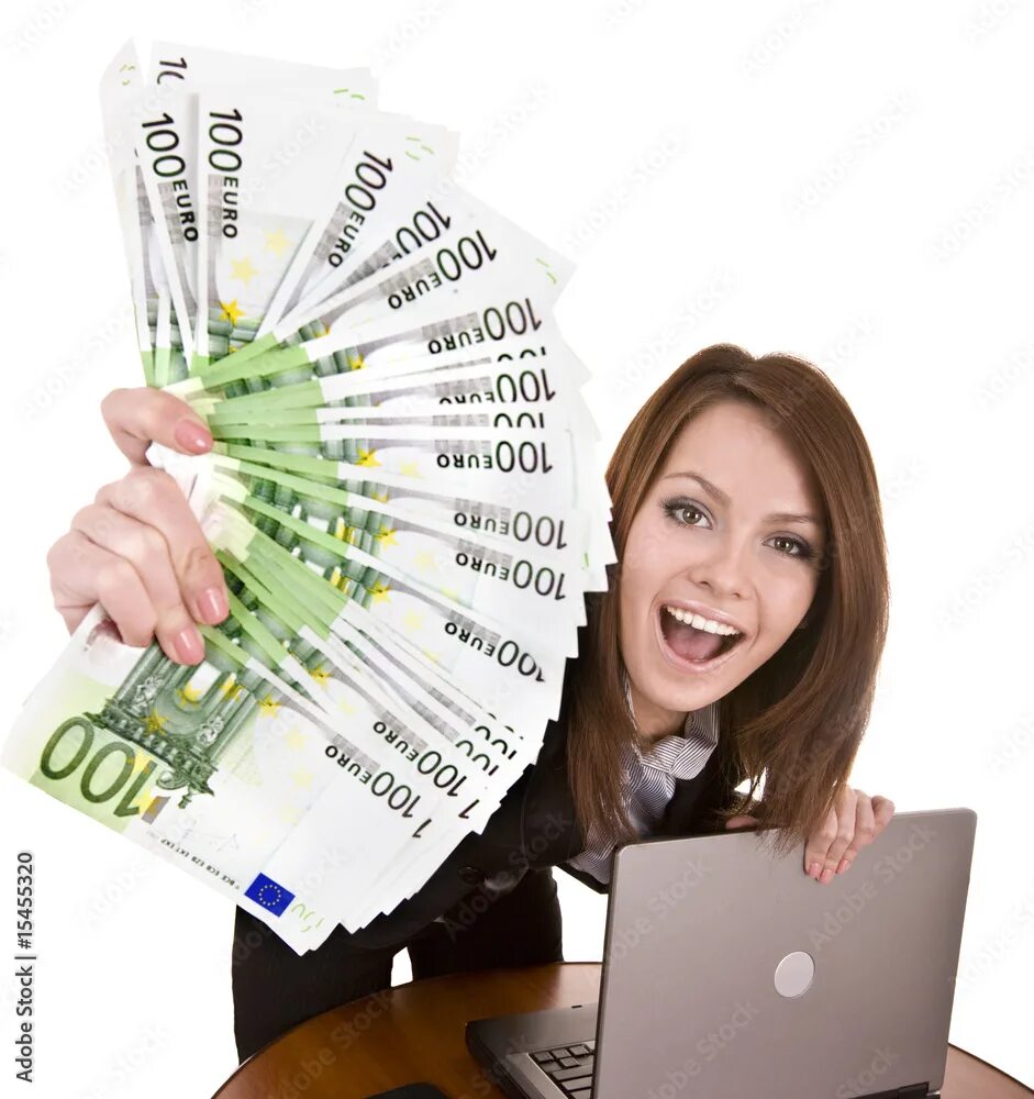 Продажа фото в интернете за деньги Businesswomen with group of money and laptop. Stock Photo Adobe Stock