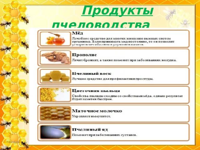 Продукты меда и пчеловодства названия и фото Презентация "Пчелы"