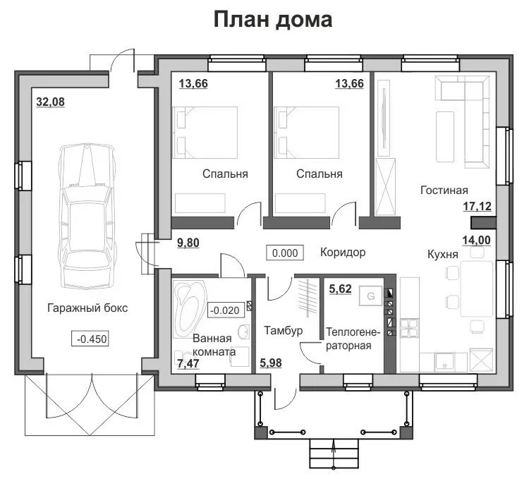 Продуманные планировки одноэтажных домов с гаражом Проект одноэтажного дома с гаражом и четырехскатной крышей в Ростове-На-Дону