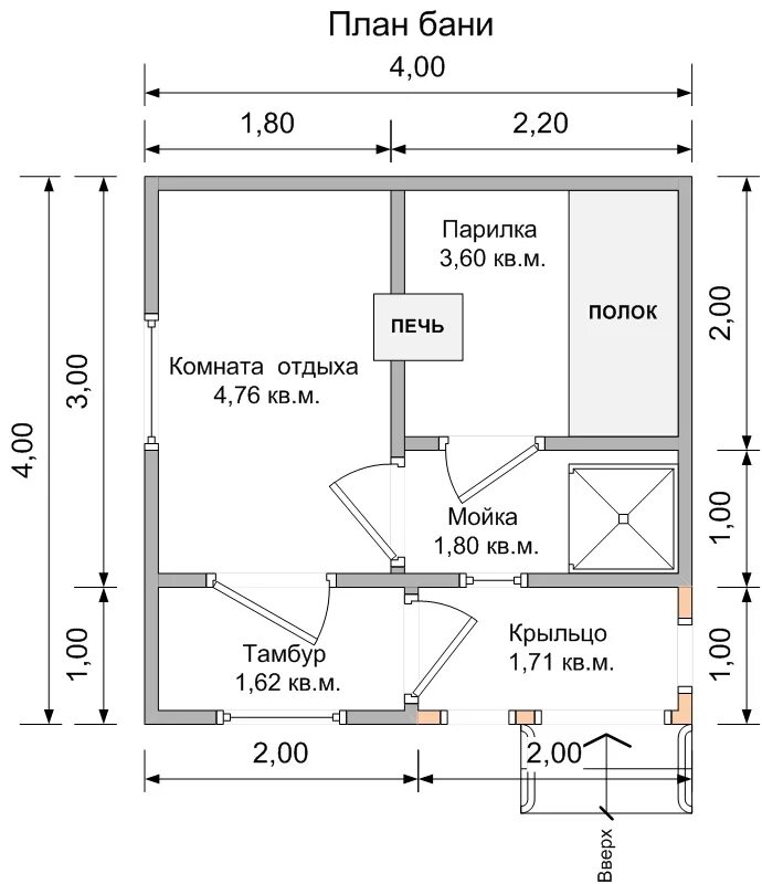 Проект бани 4х4 чертежи Баня 4х4 "Ока" из бруса, проект с фото и ценами - СК Домострой