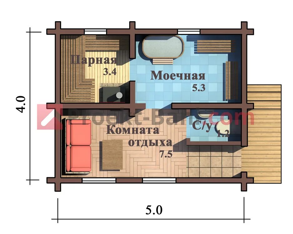 Проект бани 5х4 чертежами Проект бани 4х5 HeatProf.ru