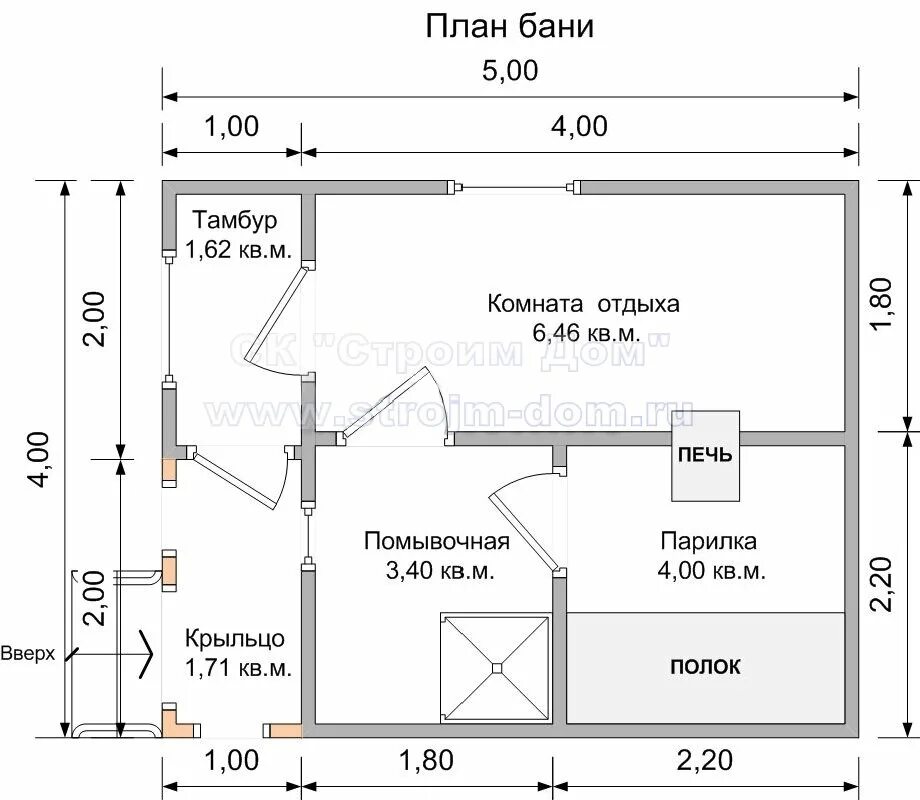 Проект бани 5х4 чертежами Баня из бруса 4х5 Проект Б-6 СК "Строим Дом"