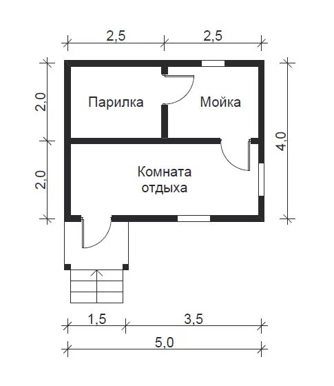 Проект бани 5х4 чертежами Проект бани № 5. Размер 5х4 м., площадью 21,8 кв.м. с комнатой отдыха