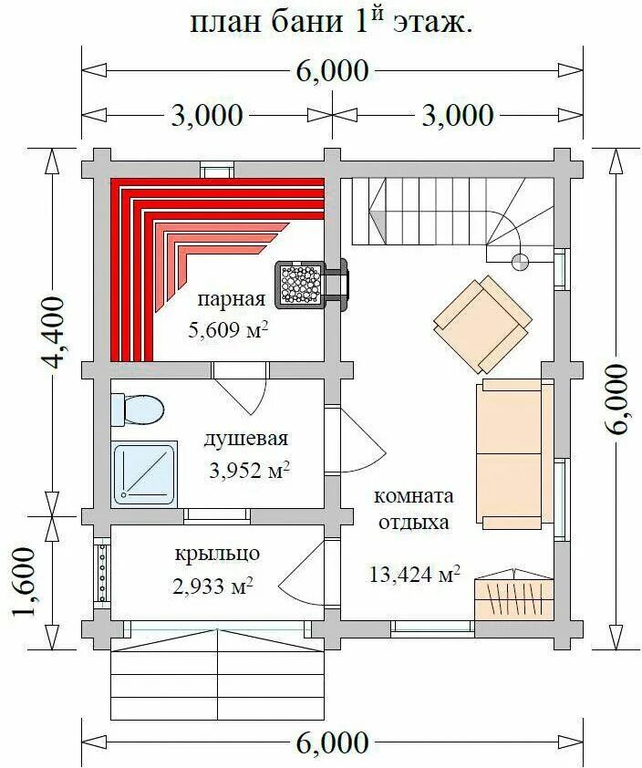 Проект бани 6 6 чертежи Проект духэтажной бани 6х6 с балконом