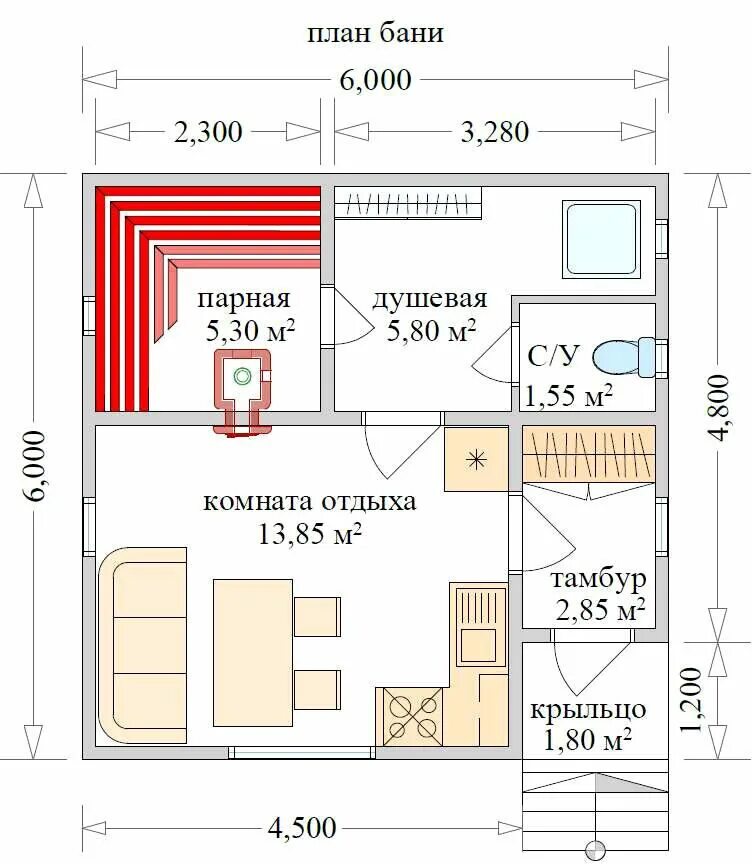 Проект бани 6 6 чертежи Бани из бруса недорого: баня 6х6 с печкой