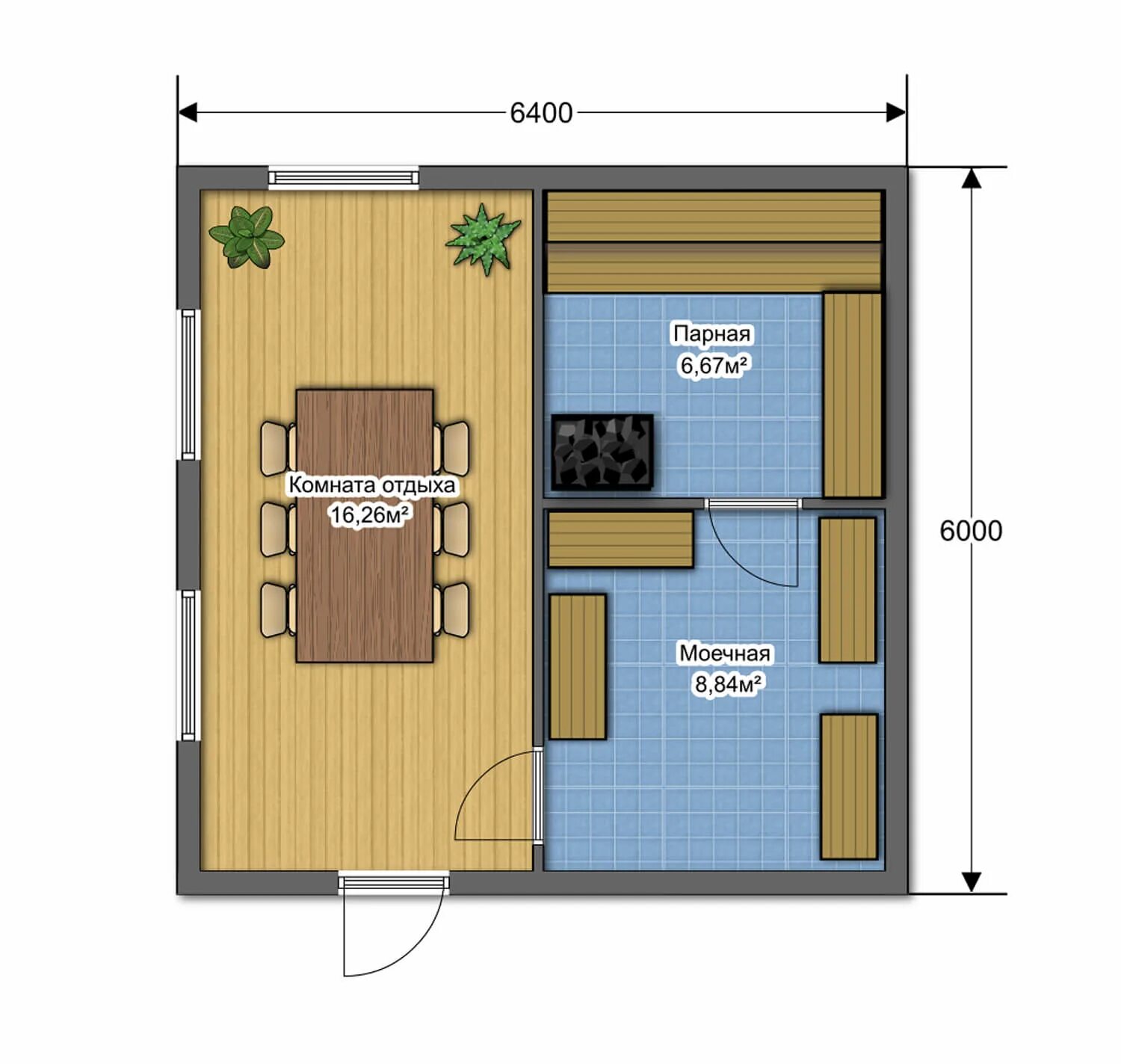 Проект бани внутри планировка Купить каркасный домокомплект бани 6м на 6м