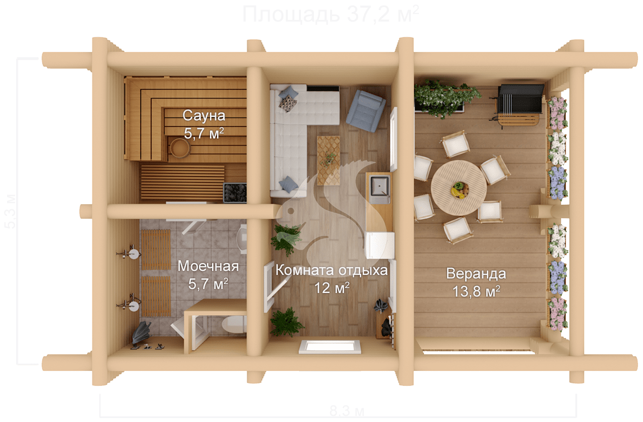 Проект бани внутри планировка Проект деревянной бани из бревна 37,2 кв.м 5,3х8,3м с верандой
