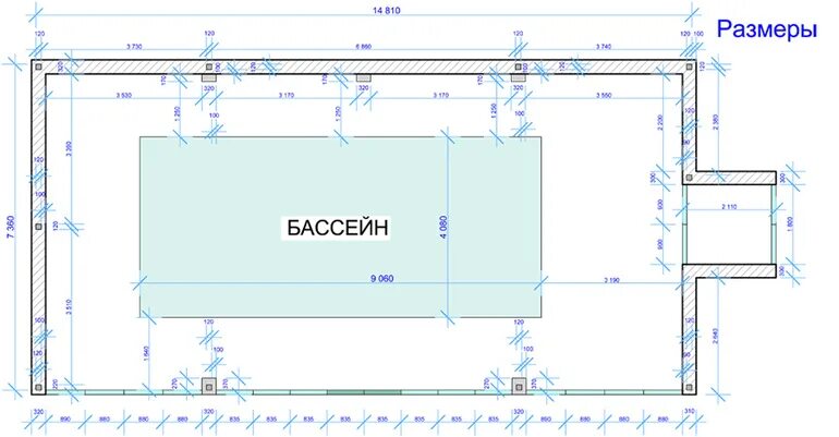 Проект бассейна в частном доме чертеж Объем плавательного бассейна