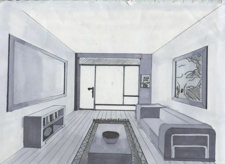 Проект дизайн интерьера комнаты 9 класс Drawn Living Room 1 point perspective 12 - 800 X 581 Perspective room, Perspecti