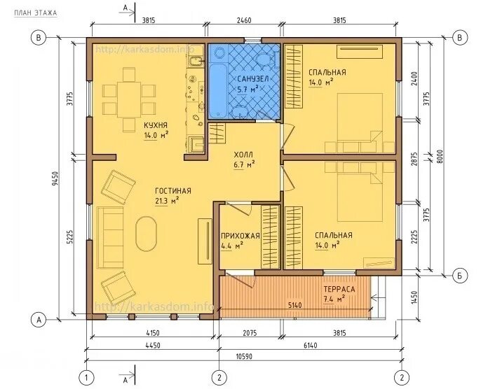 Проект дома 10 8 одноэтажный фото Проект каркасного дома ДК-315 9,5х10,6 (98 м²)