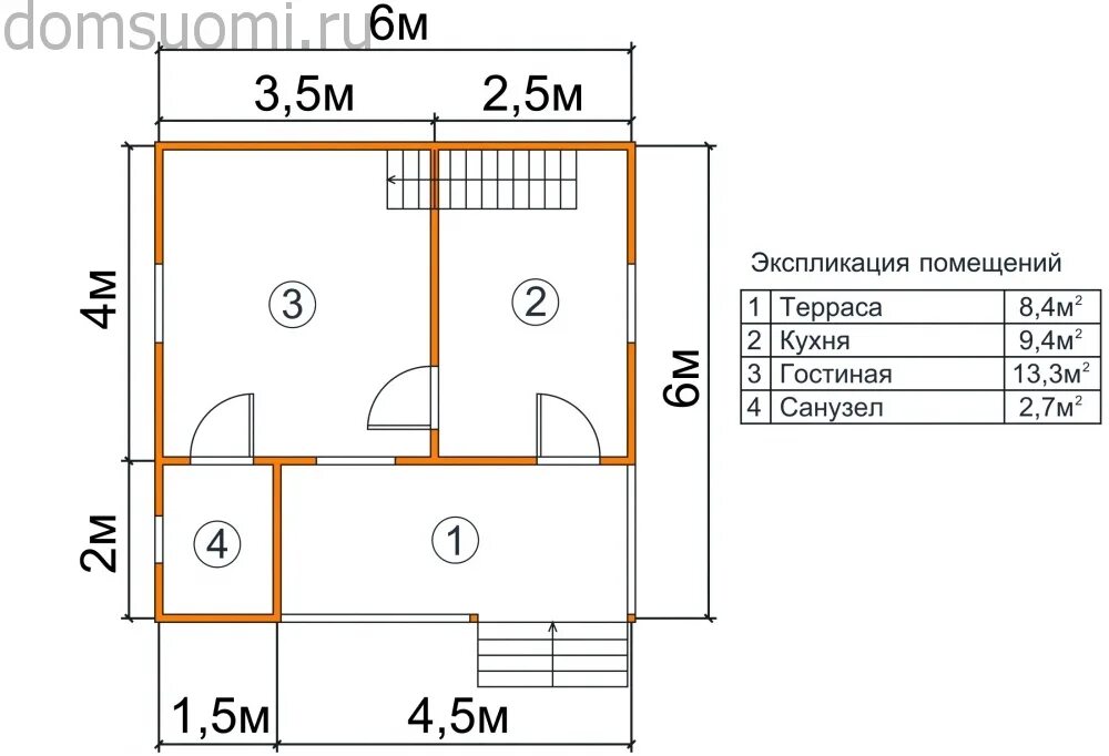 Проект дома 6 6 чертежи Проект одноэтажного каркасного дома 6х6: планировка и схема дома с террасой, чер