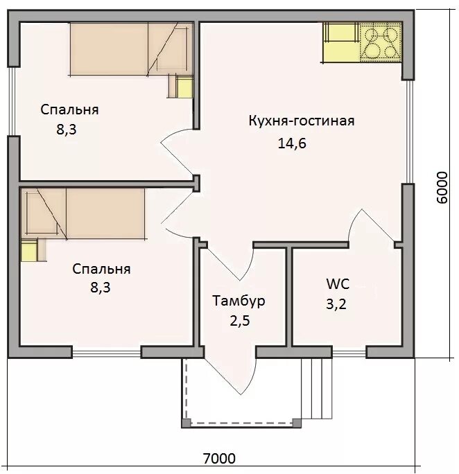 Проект дома 6 на 7 одноэтажный планировка Финский каркасный мини дом за миллион рублей размером 6х7 метров