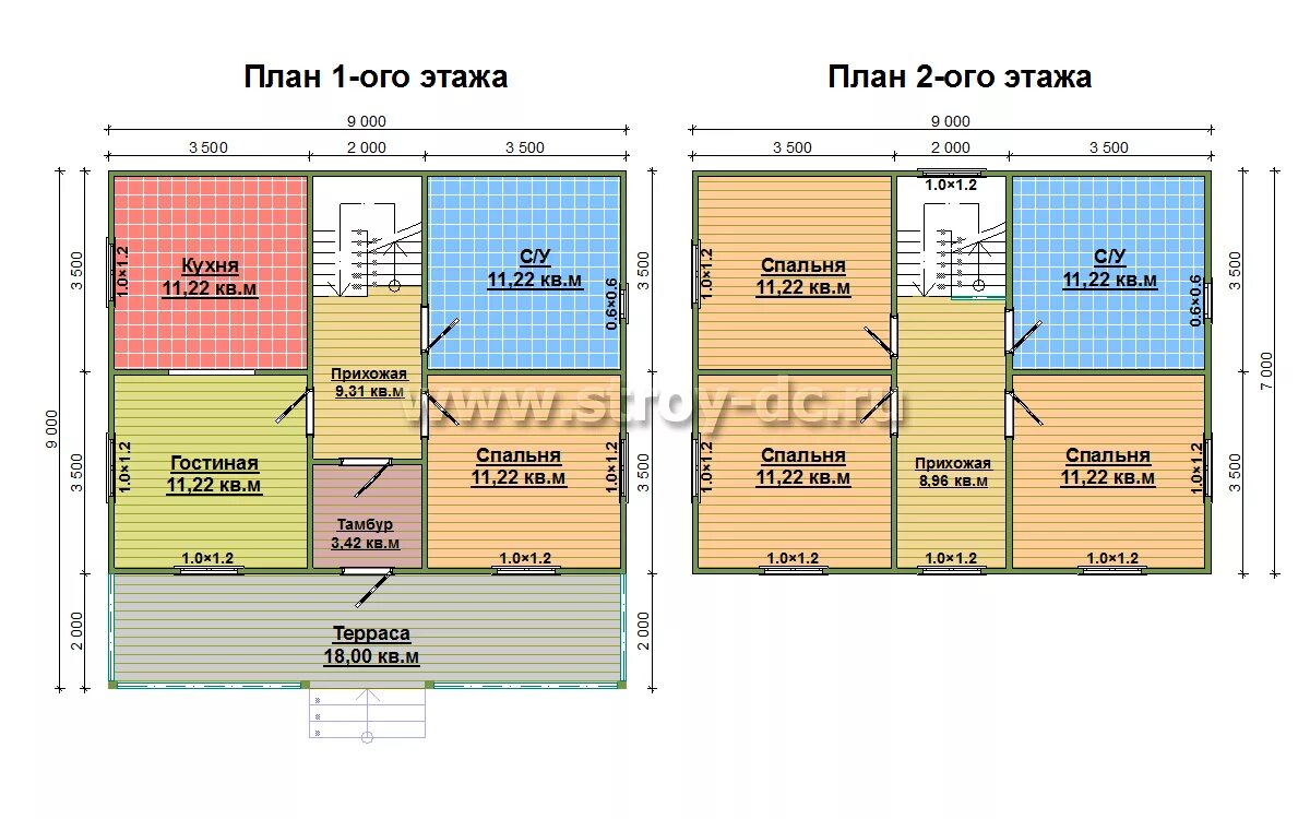 Проект дома 9х9 с отличной планировкой Двухэтажный дом из бруса 9х9 м - Проект Д79 площадью 111,45 кв.м., с террасой