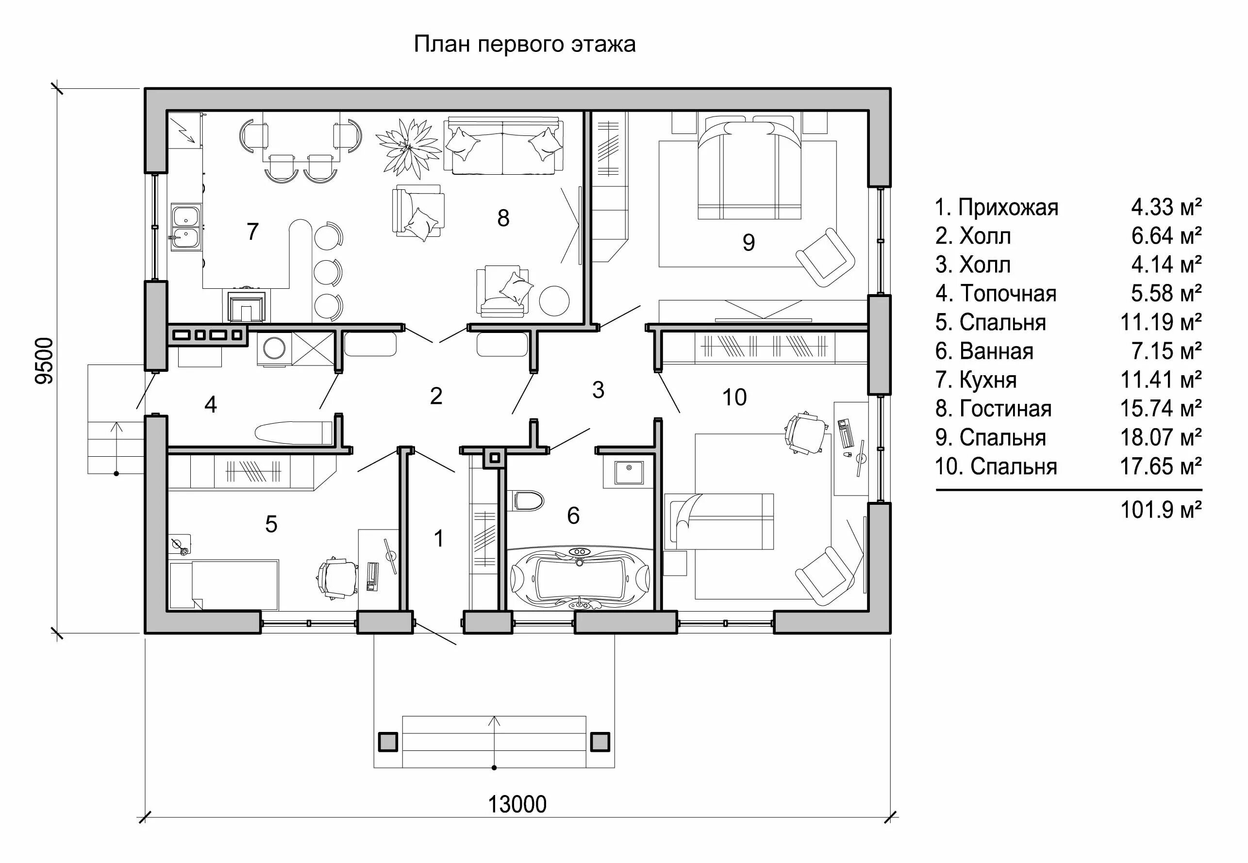 Проект дома чертеж комнат планировка одноэтажного дома из кирпича 10x13м вариант 1 Casas