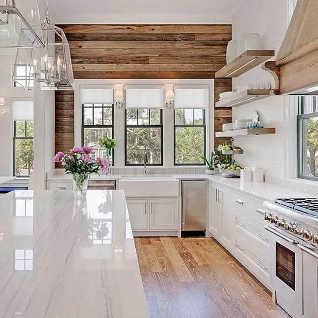 Проект дома кухни фото Modern Farmhouse Kitchen with White Cabinets and Wood Paneling