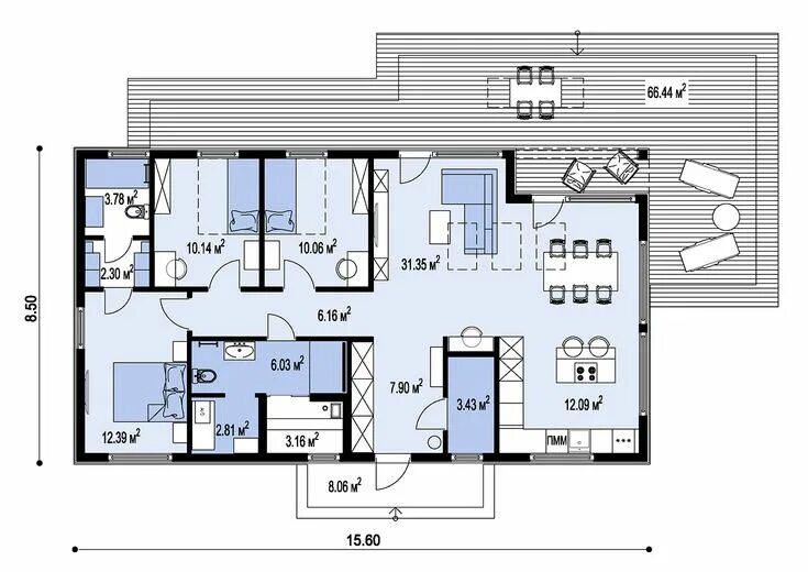 Проект дома планировка с размерами Проект Mikea 5 112 кв.м., 1 этажей, 3 жилых комнат, 2 ванных и сан. узлов, 1 бал