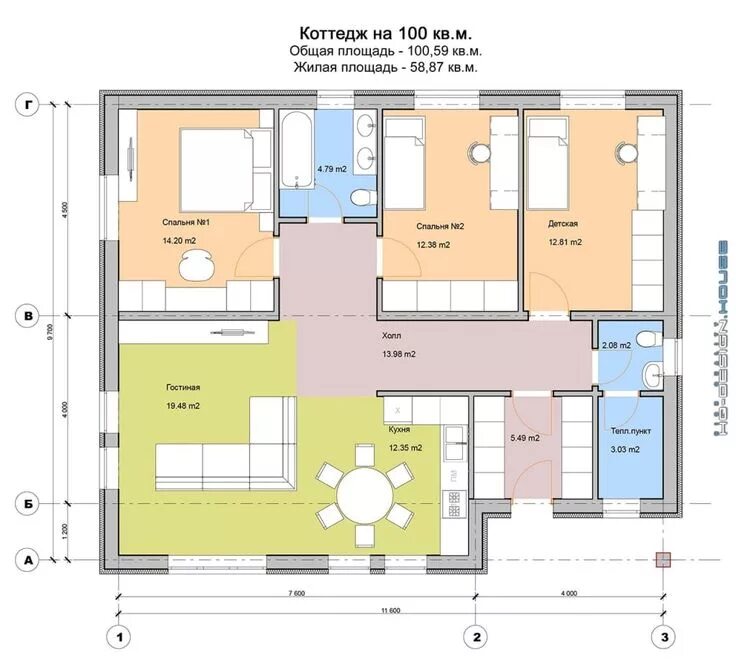 Проект дома с планировкой 100 кв Коттедж на 100 кв.м., hq-design homify Planos de casas economicas, Casas, Planos